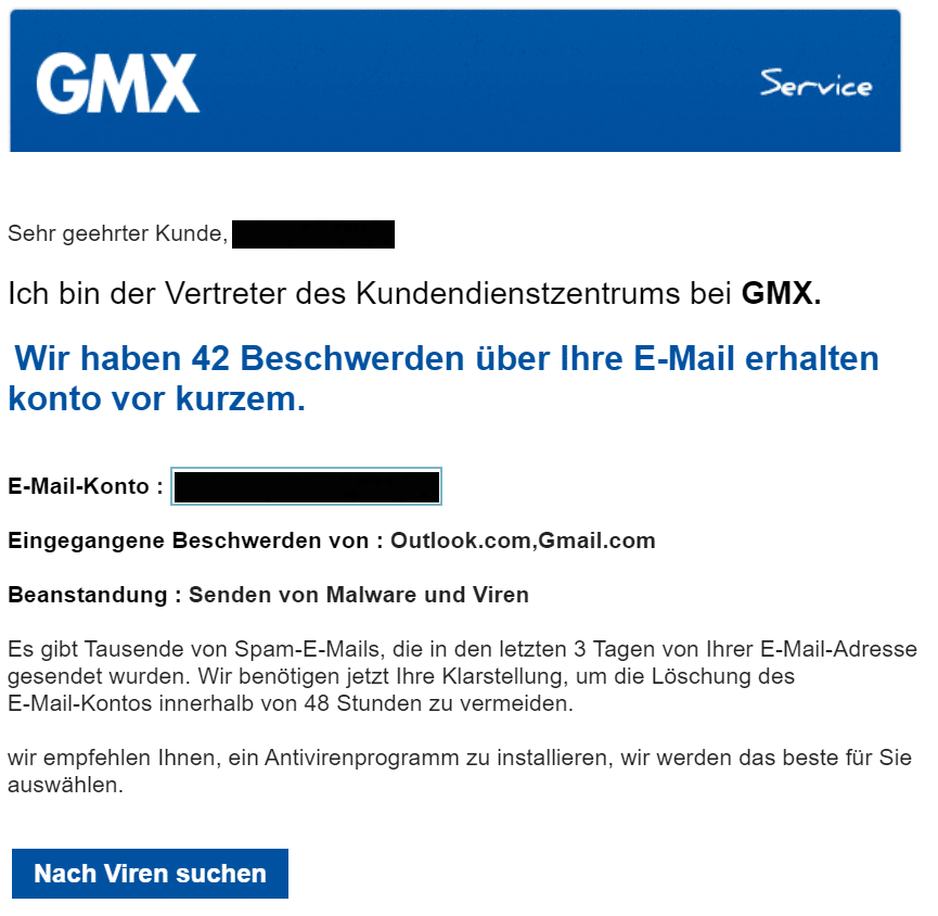 Screenshot von der Verbraucherzentrale (Phishing-Email) : GMX: Wir haben 48 Beschwerden über Ihre E-Mail erhalten