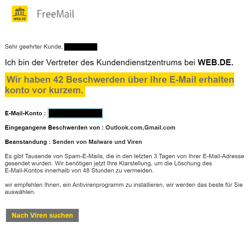 Screenshot from the consumer advice center (phishing email): Web.de: We have received 48 complaints about your email