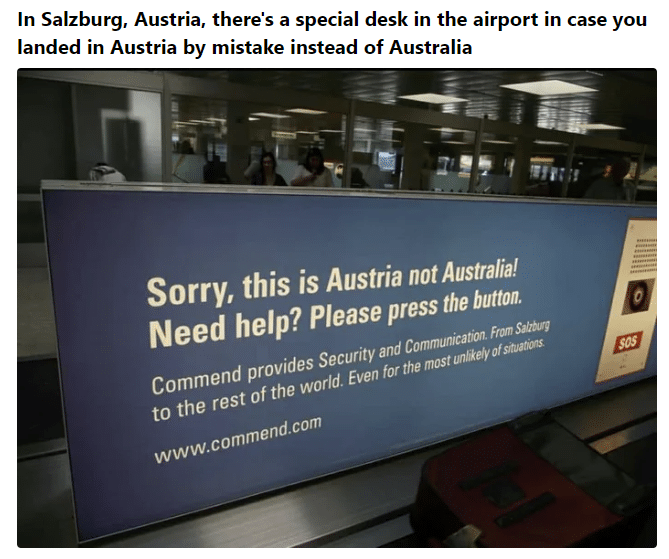 Austria oder Australia? Der angebliche Schalter am Salzburger Flughafen – mimikama.org Screenshot 9GAG - Hinweisschild auf dem Flughafen Salzburg