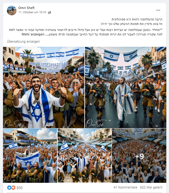 KI-generiertes Bild von Israelis mit Flaggen? (Faktencheck) – mimikama.org Screenshot Facebook / Omri Shefi