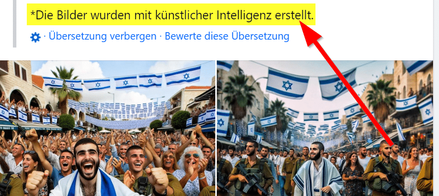 KI-generiertes Bild von Israelis mit Flaggen? (Faktencheck) – mimikama.org Screenshot Facebook / Omri Shefi - Hinweis auf Künstliche Intelligenz