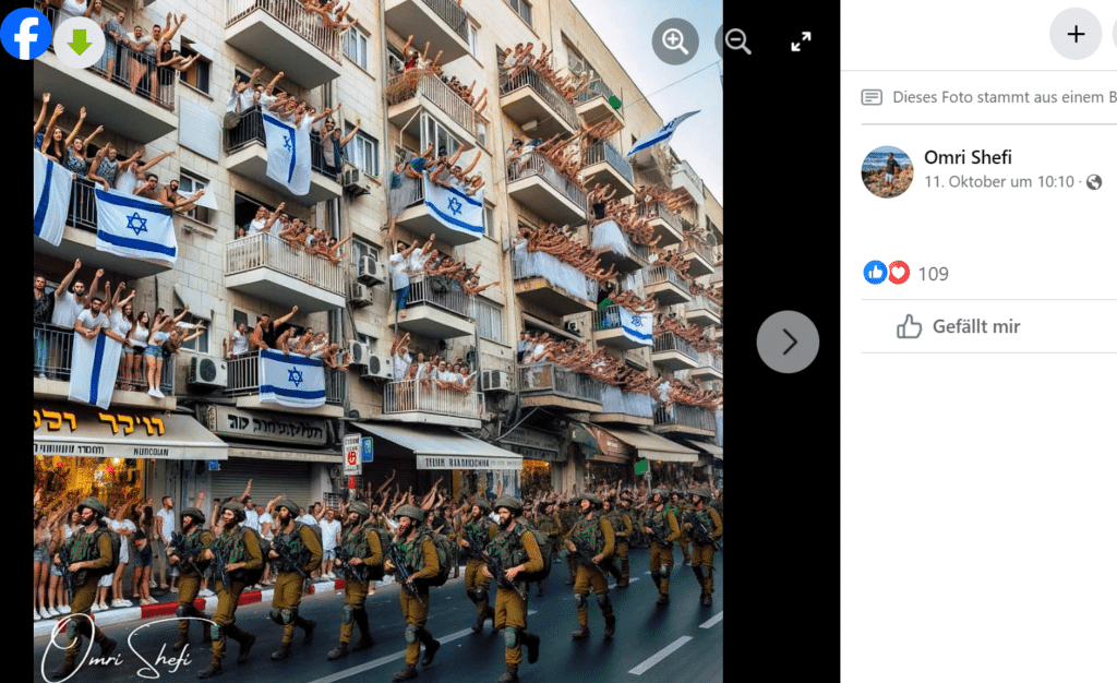 KI-generiertes Bild von Israelis mit Flaggen? (Faktencheck) – mimikama.org Screenshot Facebook / Omri Shefi