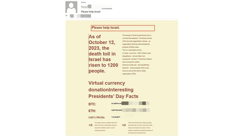 Betrugsalarm: Wie der Nah-Ost-Konflikt Betrügern Tür und Tor öffnet – mimikama.org Betrügerisches E-Mail, um Spenden für Israel zu sammeln, Quelle: bitdefender.com