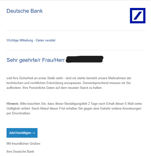 Screenshot der gefälschten Mitteilung der Deutschen Bank