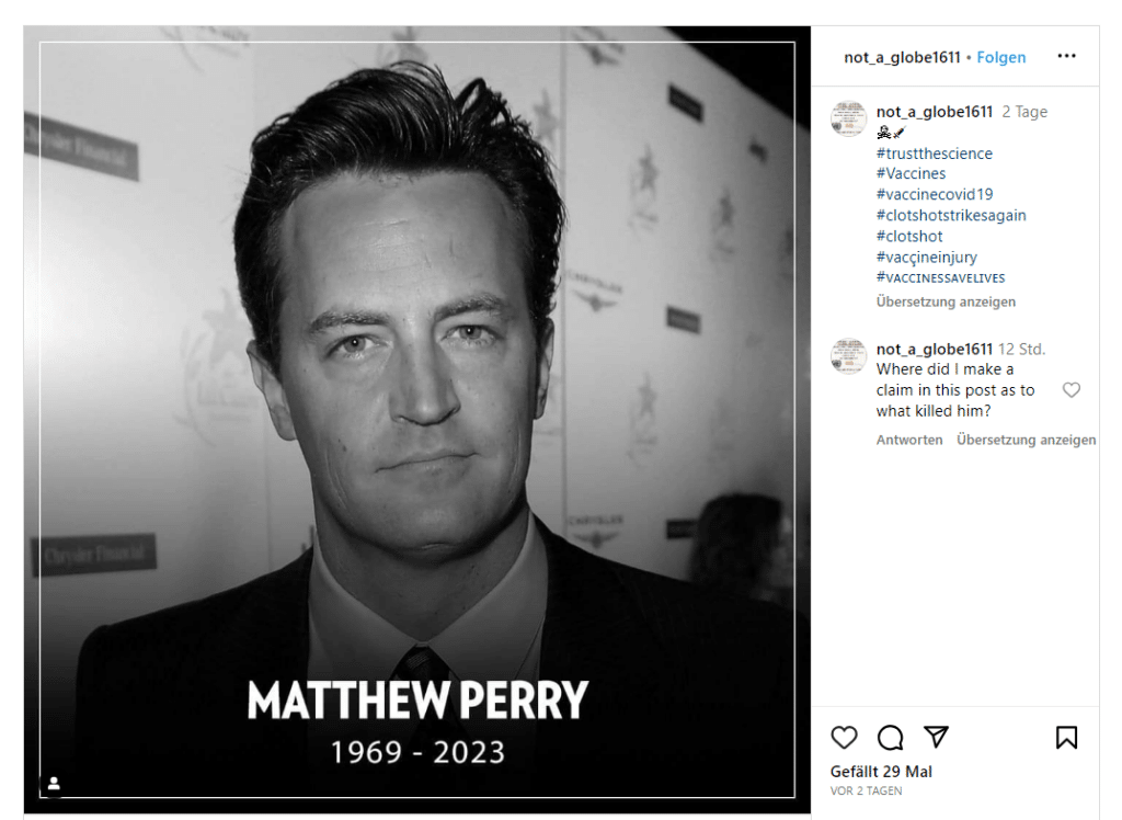 Screenshot eines Instagram-Postings zu Matthew Perrys Tod