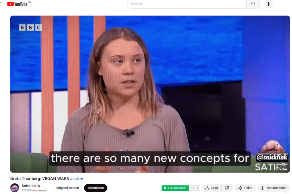 Screenshot der Sendung mit Greta Thunberg mit dem Vermerk #satire