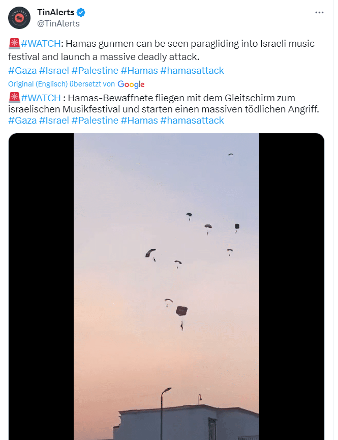 Screenshot: "Hamas-Bewaffnete fliegen mit dem Fallschirm zum israelischen Musikfestival und starten eine massiven tödlichen Angriff.“