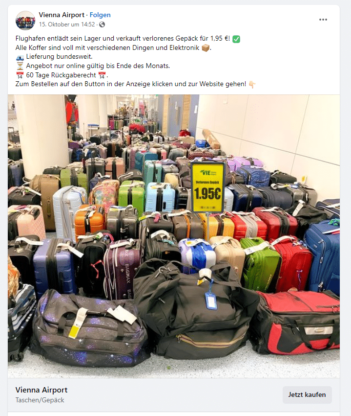 Screenshot: Facebook / Fake-Seite Vienna Airport