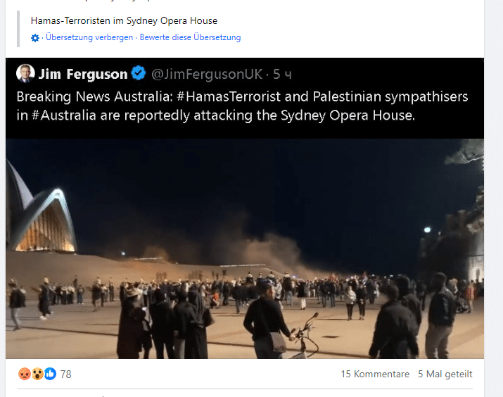 Fake News: Opernhaus in Sydney wurde nicht von Hamas-Anhängern angegriffen. Screenshot: Mimikama