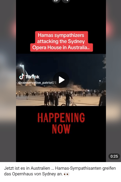 Faktencheck: Anhänger der Hamas haben das Opernhaus in Sydney nicht angegriffen – mimikama.org Fake News: Auch hier sind nur friedliche Demonstranten zu sehen. Screenshot Mimikama