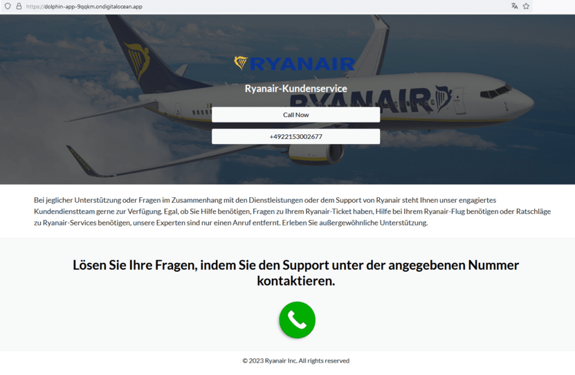 Image description: Fraudulent Ryanair website with false contact number, screenshot: Watchlist Internet