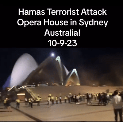 Fake News: Hier ist kein Angriff auf das Opernhaus in Sydney zu sehen. Screenshot: Mimikama