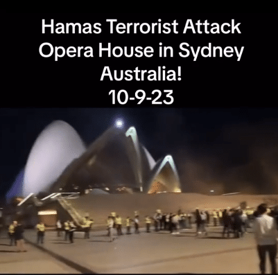 Faktencheck: Anhänger der Hamas haben das Opernhaus in Sydney nicht angegriffen – mimikama.org Fake News: Hier ist kein Angriff auf das Opernhaus in Sydney zu sehen. Screenshot: Mimikama