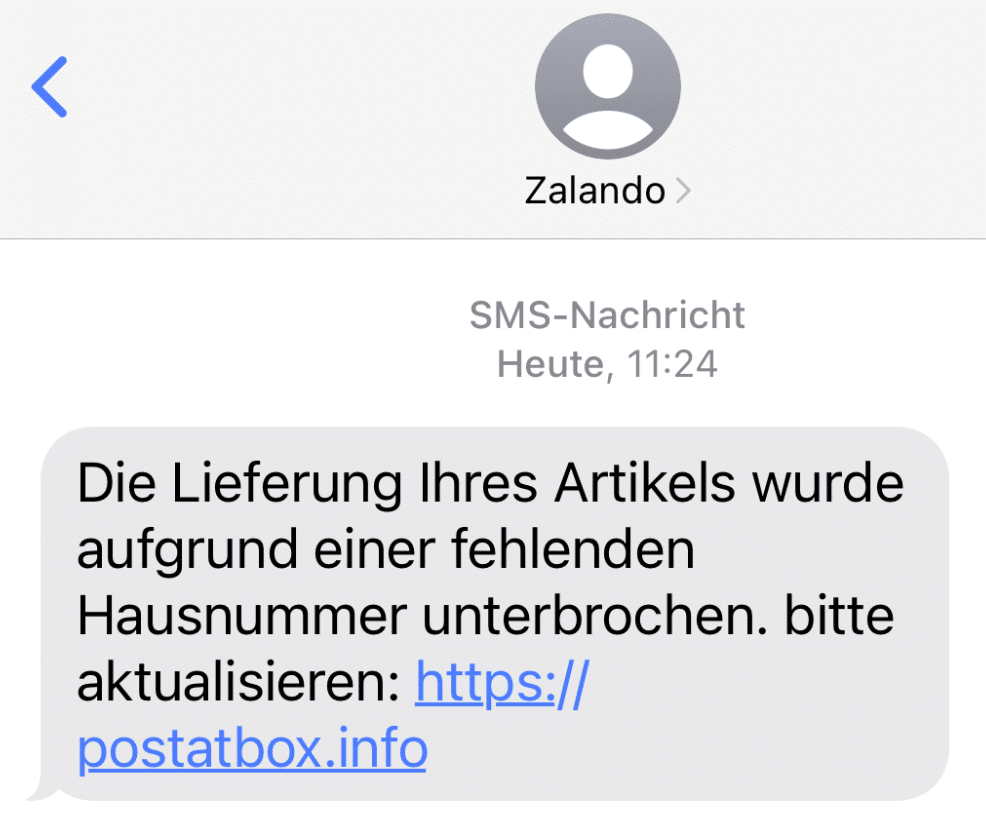 Screenshot Gefälschte Zalando-SMS "fehlende Hausnummer"