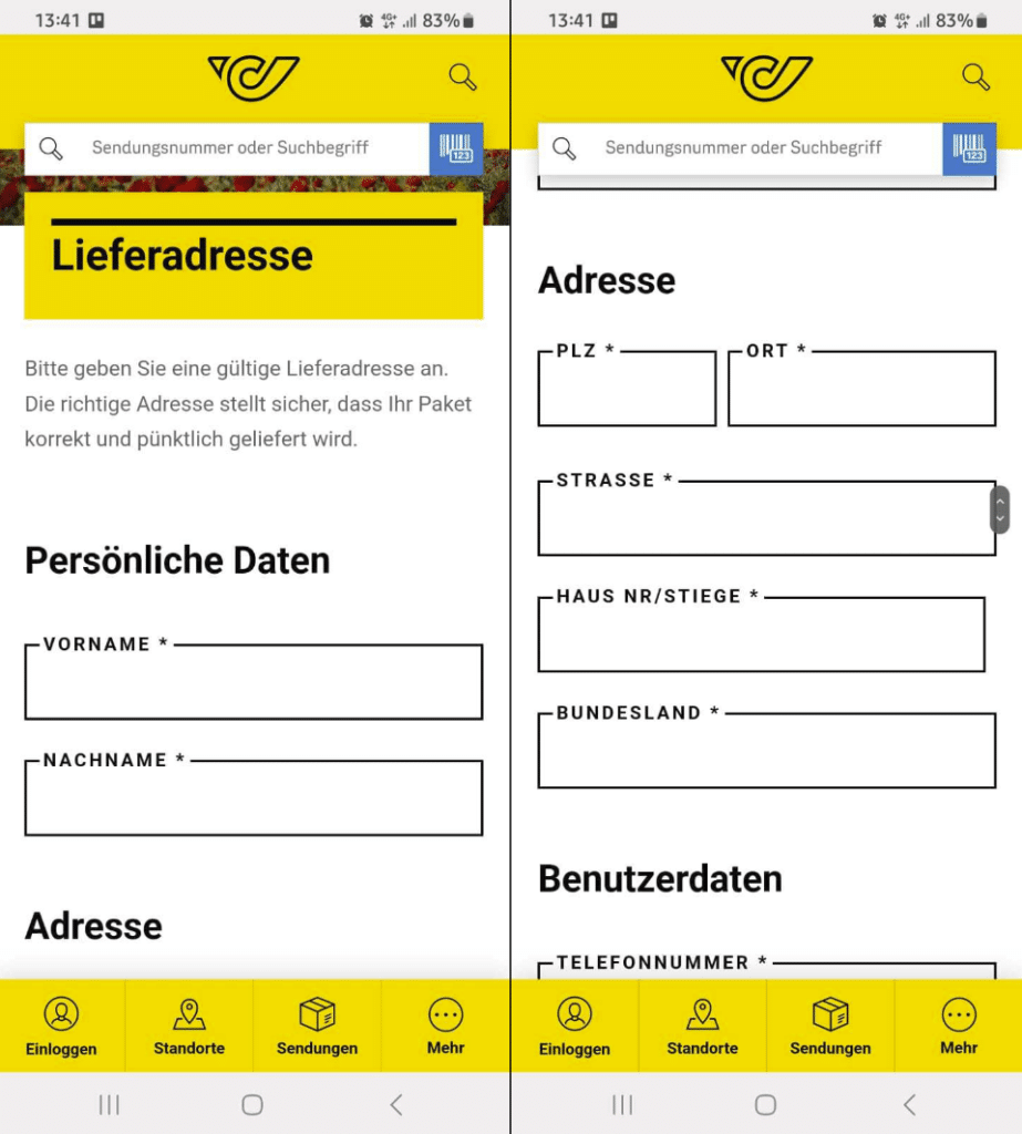 Screenshot gefälschte Post-Seite. Geben Sie hier keine Daten ein! fehlende Hausnumme
