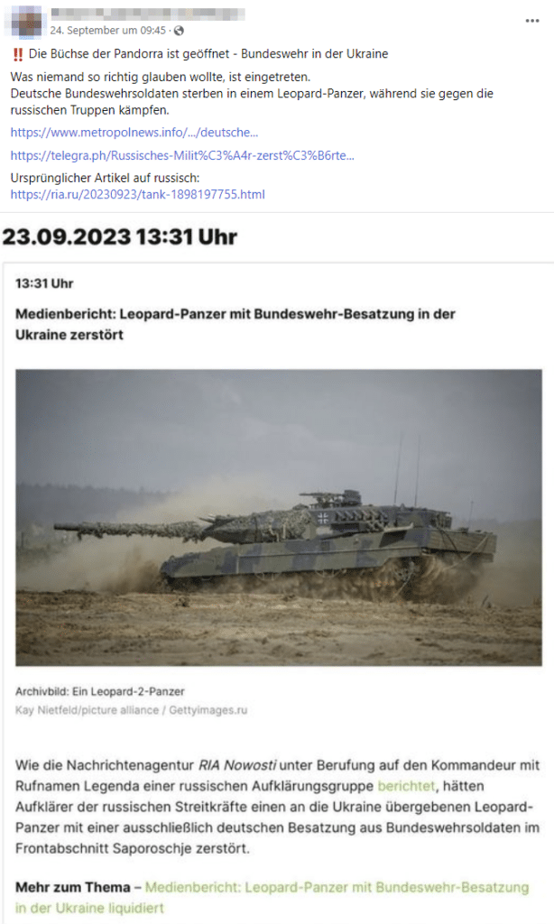 Screenshot Facebook "Medienbericht Leopard-Panzer mit Bundeswehr-Besatzung in der Ukraine zerstört"