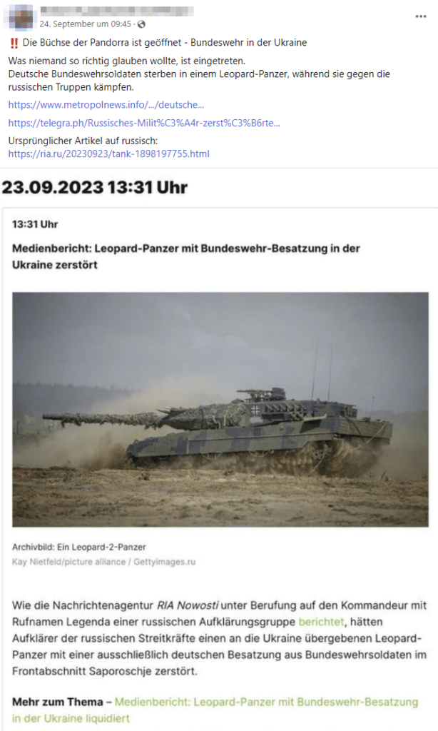 Faktencheck: Zerstörter Panzer mit Bundeswehr-Besatzung in der Ukraine – mimikama.org Screenshot Facebook "Medienbericht Leopard-Panzer mit Bundeswehr-Besatzung in der Ukraine zerstört"