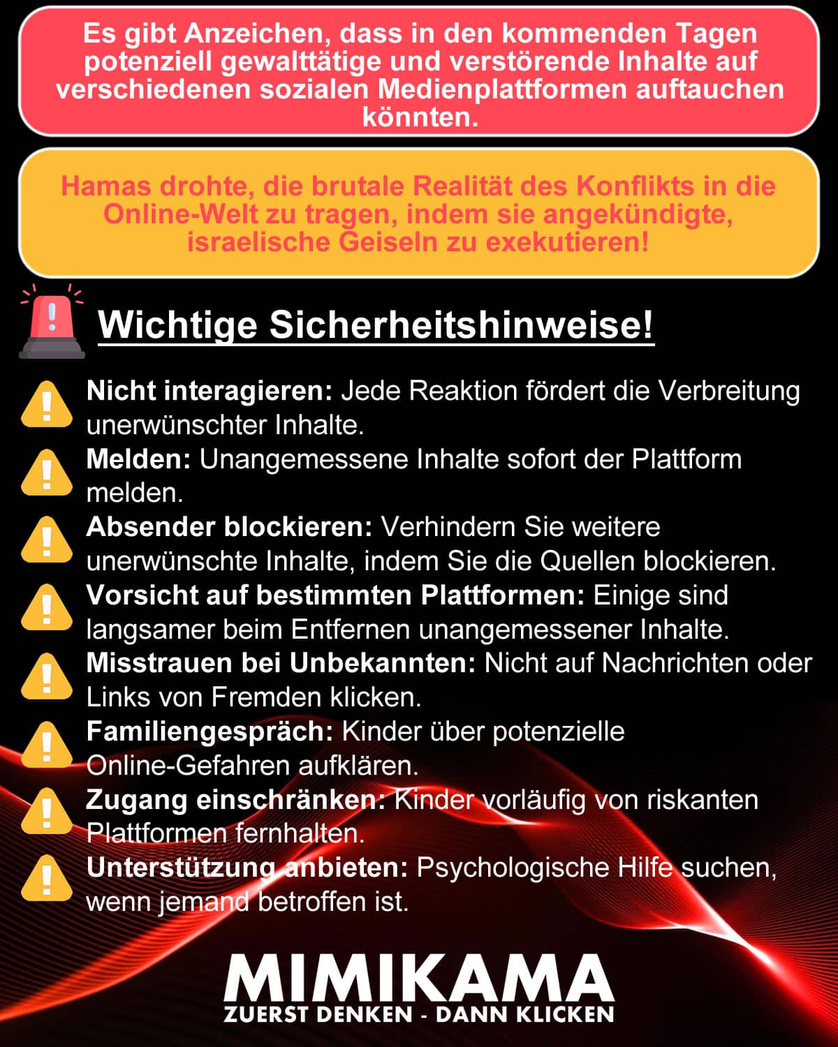 Israel: Extreme Gewaltdarstellung auf Social Media angekündigt! Es gibt Anzeichen, dass in den kommenden Tagen potenziell gewalttätige und verstörende Inhalte auf verschiedenen sozialen Medienplattformen auftauchen könnten. Hamas drohte, die brutale Realität des Konflikts in die Online-Welt zu tragen, indem sie angekündigte, israelische Geiseln zu exekutieren!