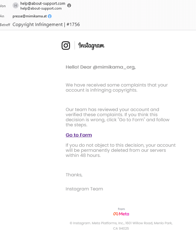 Screenshot of an email, supposedly from Instagram