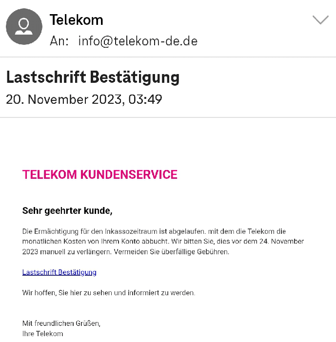 Warnung, Falle: So entlarven Sie gefälschte Telekom-Kundenservice-Mails -Screenshot der falschen Telekom-Nachricht