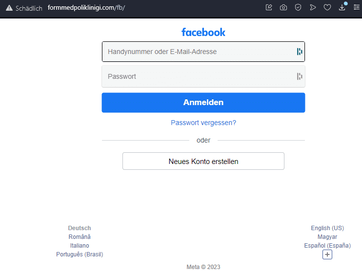 Betrugswarnung: Gefälschte Facebook-Mails im Umlauf -Screenshot der gefälschten Facebook-Log-In-Seite