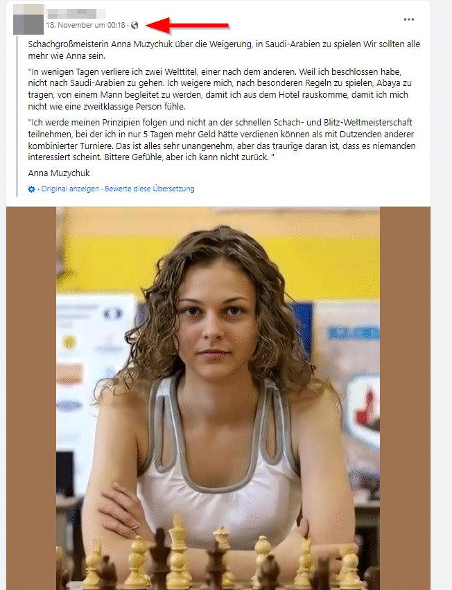 Anna Muzychuk: Faktencheck rund um die Schachgroßmeisterin – mimikama.org Screenshot: Facebook Anna Muzychuk