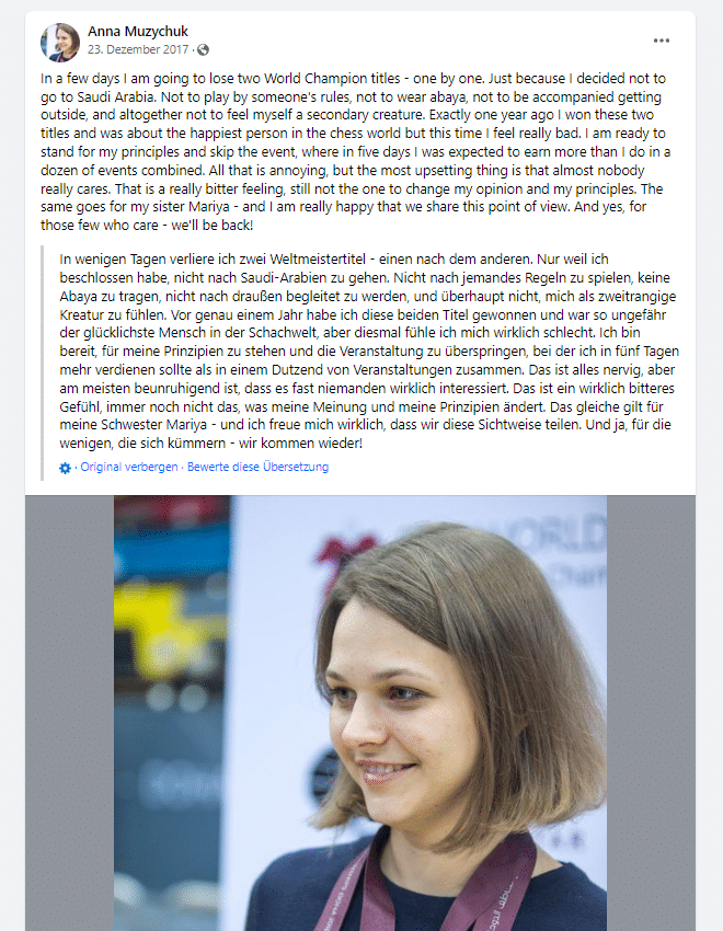 Anna Muzychuk: Faktencheck rund um die Schachgroßmeisterin – mimikama.org Screenshot: Facebook Anna Muzychuk