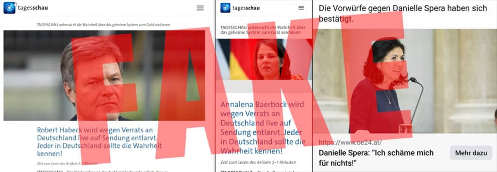 Fake-Werbung und Zeitungsartikel locken in Investmentfallen! – mimikama.org Beispiele von Investmentfallen. Bild: Mimikama