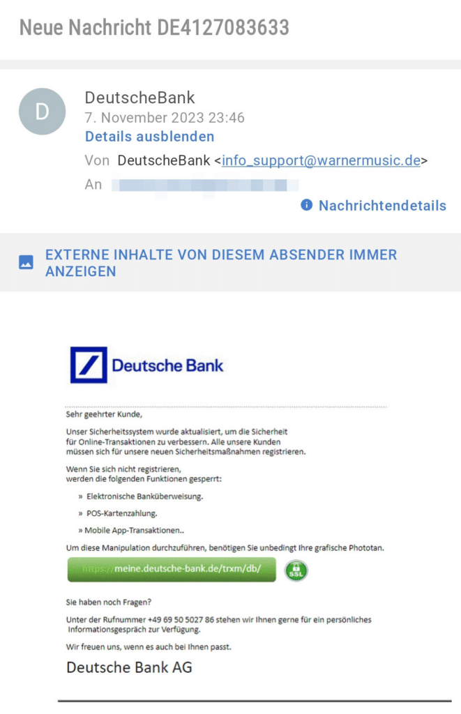 Screenshot der gefälschten Email der Deutschen Bank