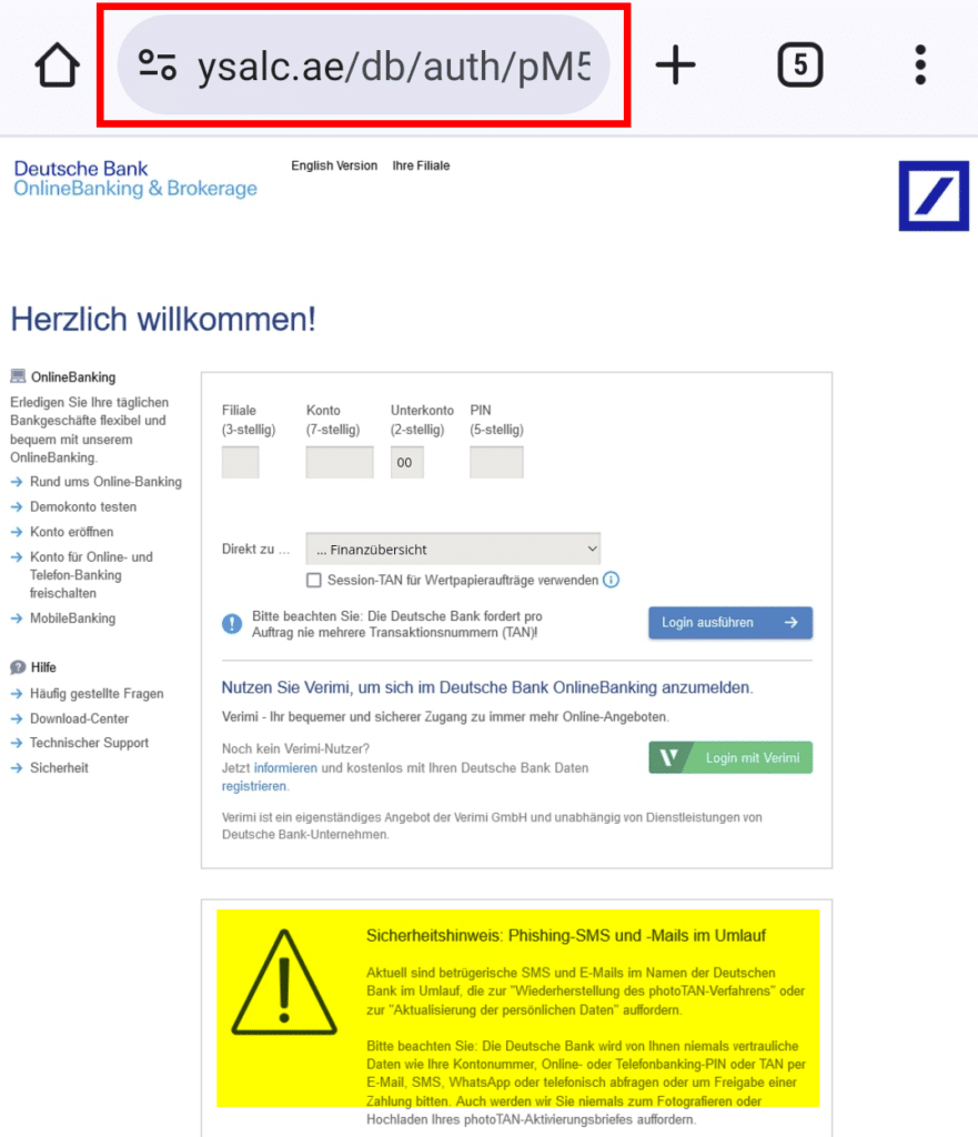 Screenshot der gefälschten Email der Deutschen Bank, auf der deutlich der unkorrekte Link zu sehen ist.