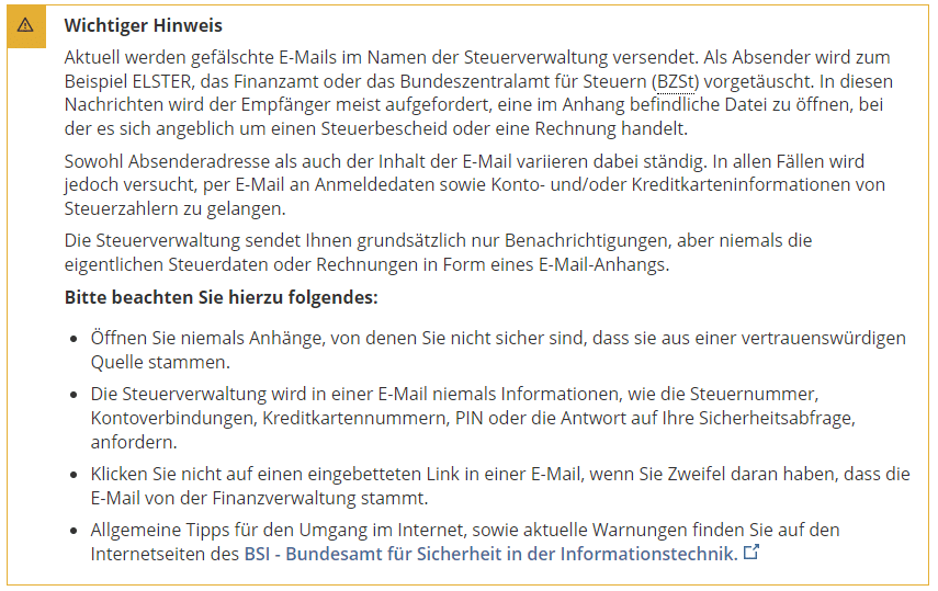 Achtung: Betrügerische E-Mails im Namen von Online-Finanzamt Elster – mimikama.org Screenshot der Warnung / elster.de