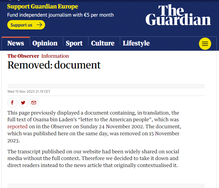 Screenshot "The Guardian" - Bin Laden Brief am 15. November 2023 entfernt