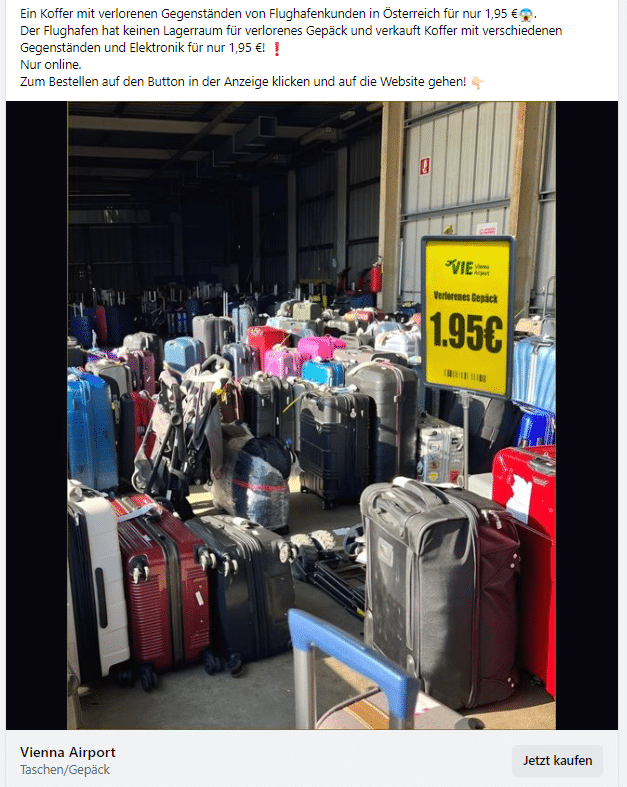 Screenshot Facebook "Ein Koffer mit verlorenen Gegenständen von Flughafenkunden in Österreich für nur 1,95 €"