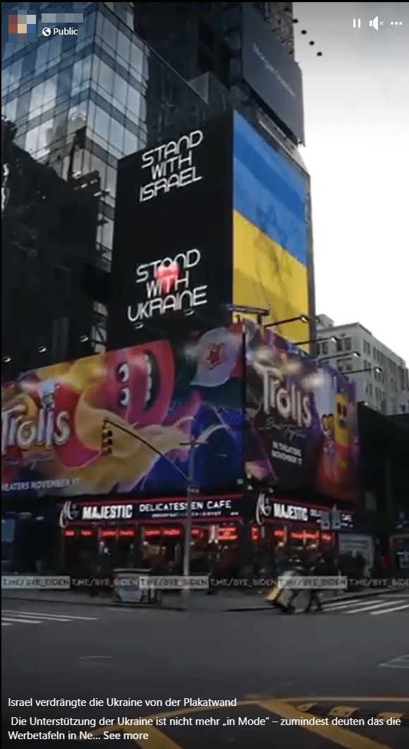 Manipuliertes Times Square Video: Von Ukraine- zu Israel-Solidarität? – mimikama.org Screenshot Facebook: "Israel verdrängte Ukraine von der Plakatwand"