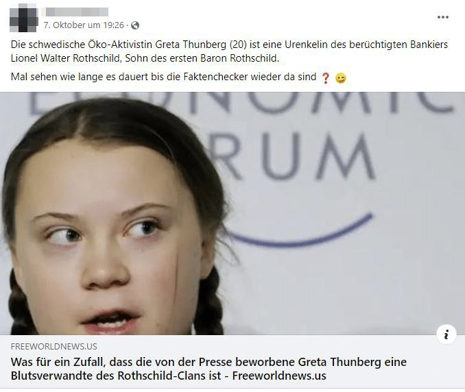 Faktencheck: Greta Thunberg ist nicht die Urenkelin eines Rothschilds – mimikama.org Faktencheck: Greta Thunberg ist nicht die Urenkelin eines Rothschilds / Screenshot Facebook