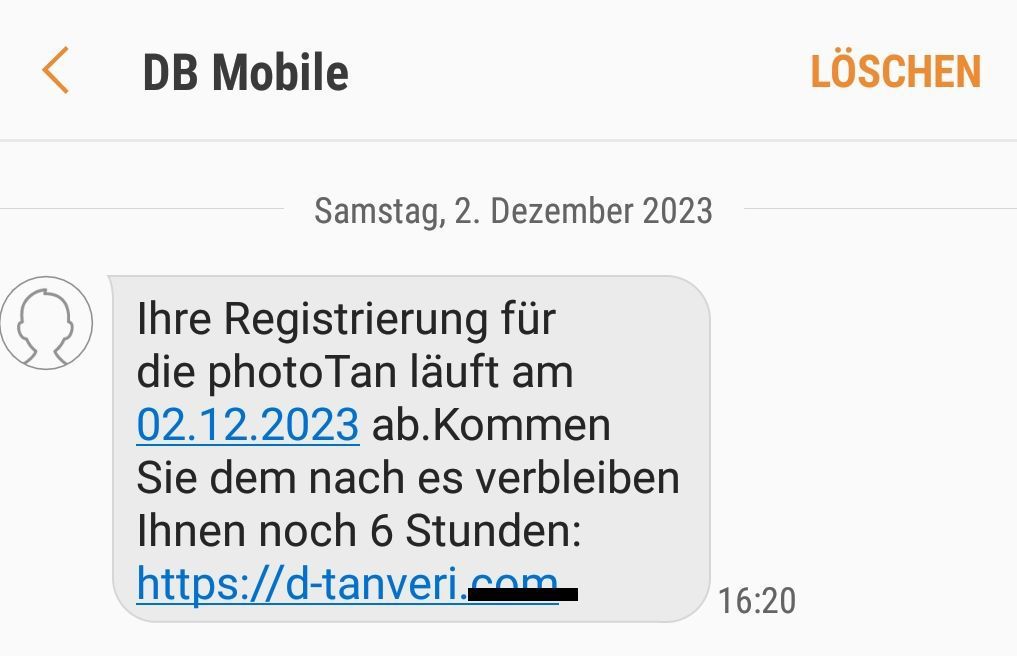 DB Mobile: Achtung vor gefälschter SMS zu photoTan-Registrierung -Screenshot der Nachricht