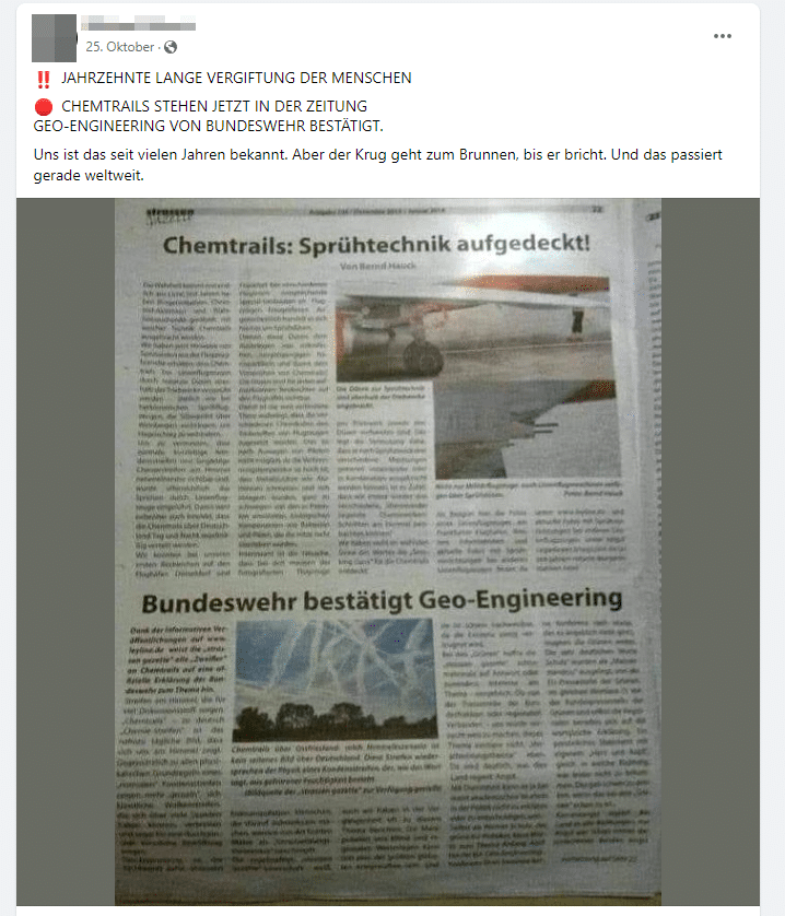 Faktencheck: Kein Beweis für Chemtrails und Geoengineering durch die Bundeswehr -Screenshot der Behauptung aus den sozialen Medien