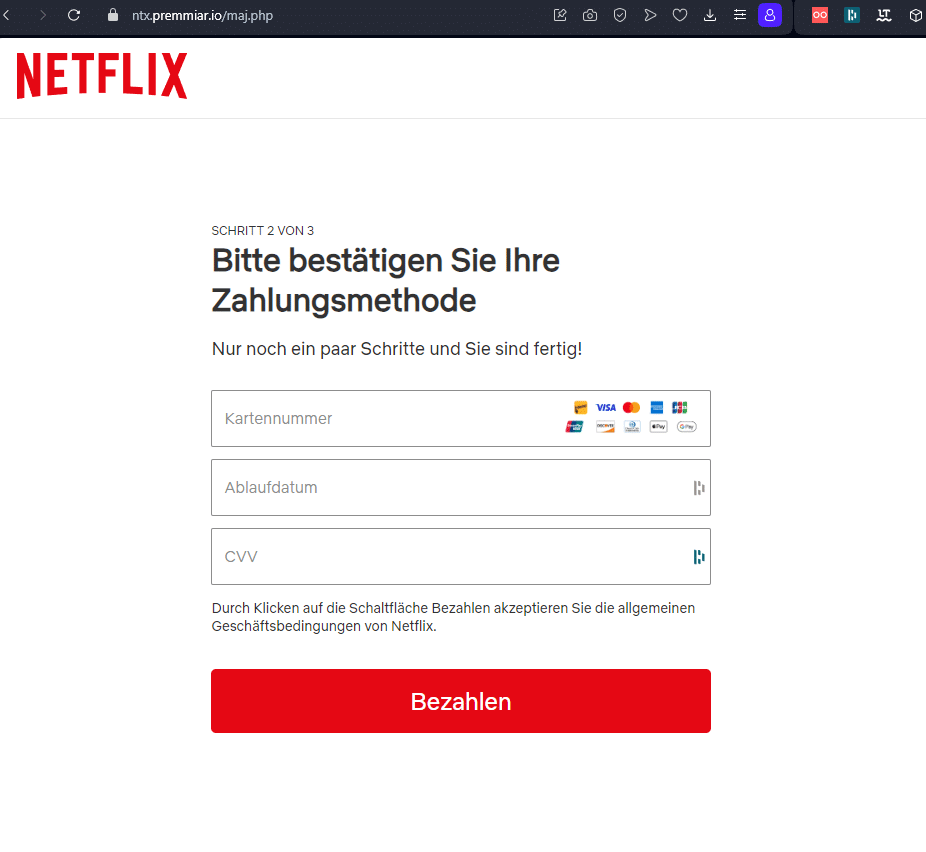 Netflix-Betrug per SMS und E-Mail! -Screenshot der gefälschten Seite zur Eingabe der Zahlungsmethode