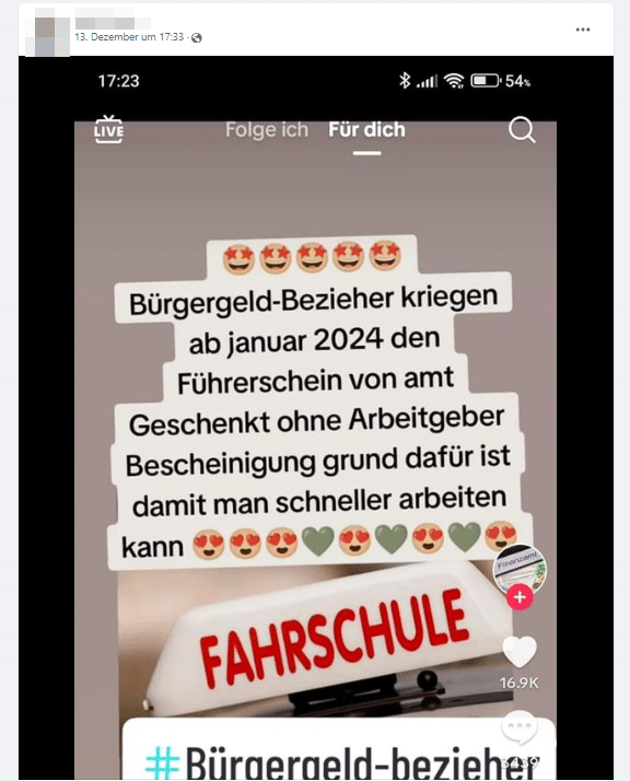 Faktencheck: Führerscheinfinanzierung für Bürgergeld-Beziehende – mimikama.org Screenshot Soziale Medien
