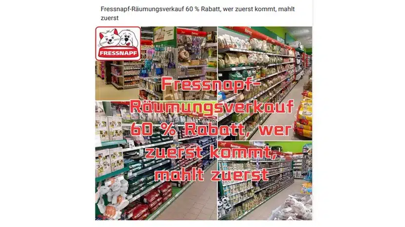 Fake online shop lures people with Fressnapf offers - screenshot of the fake advertising from social media