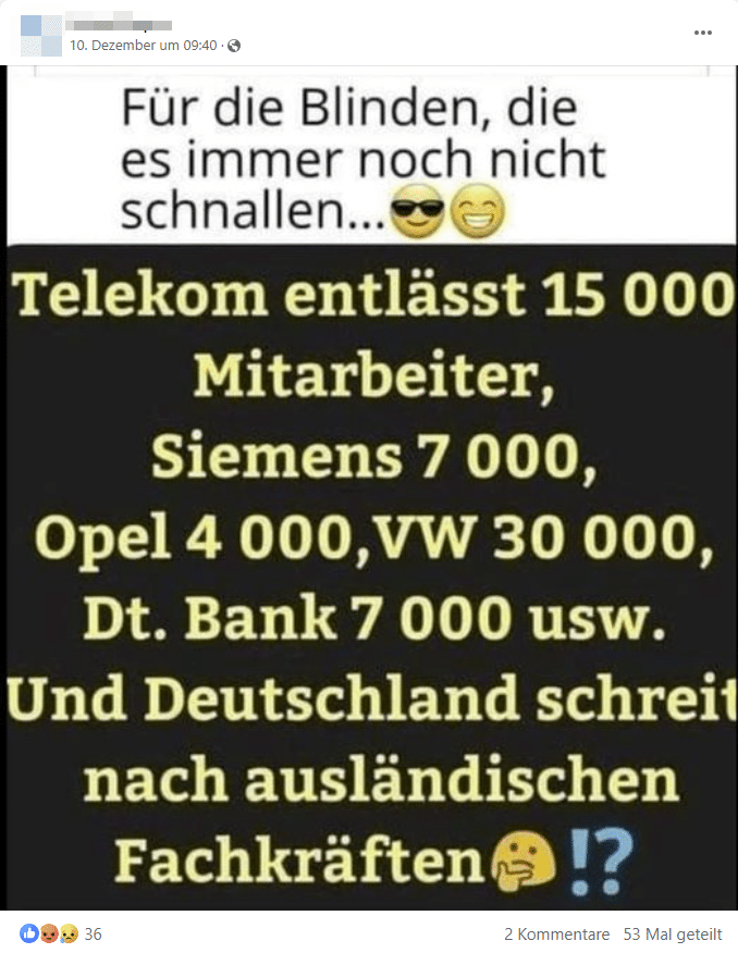 Deutsche Konzerne: Klärung von Gerüchten über Massenentlassungen – mimikama.org Screenshot auf Facebook