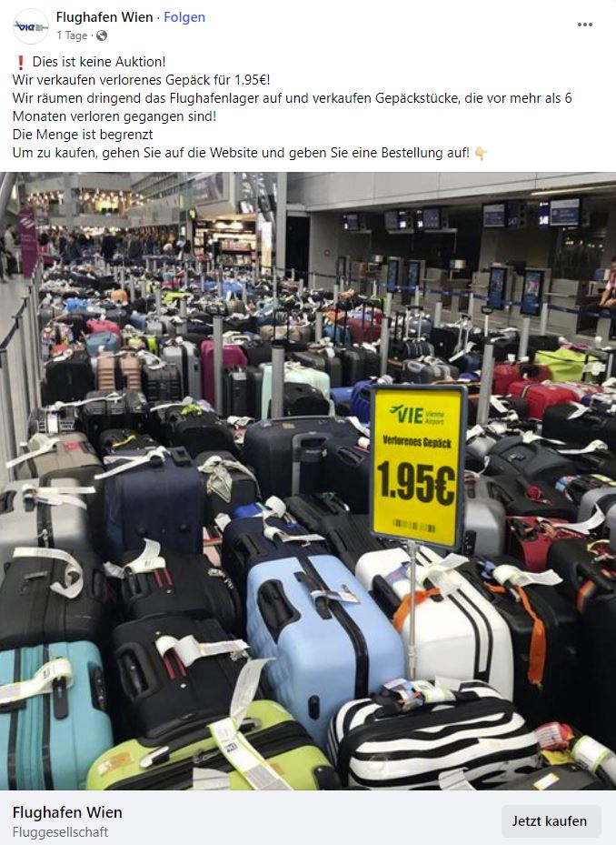 Screenshot Fake-Anzeige im Namen von "Flughafen Wien"