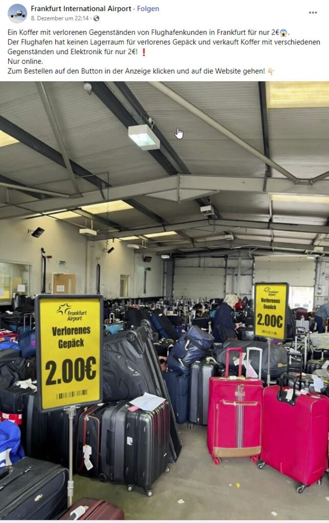 Screenshot Fake-Anzeige "Frankfurt International Airport"