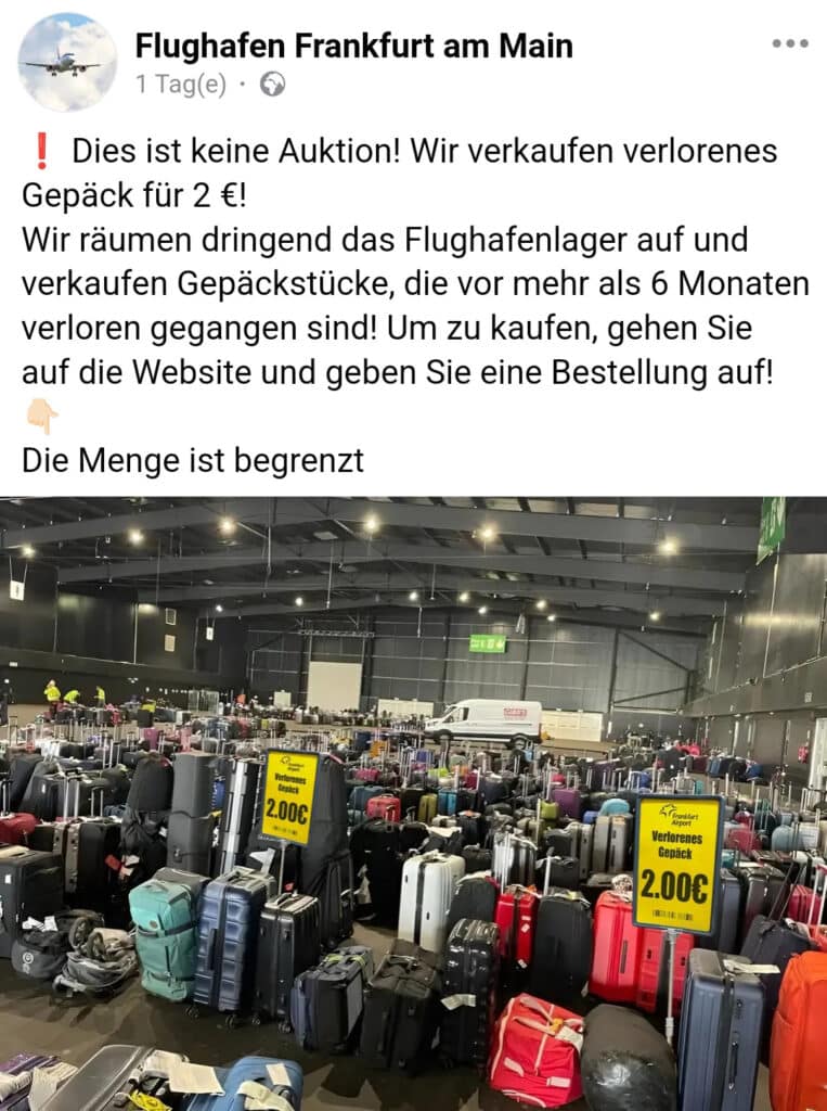 Screenshot Fake-Anzeige im Namen des Flughafen Frankfurt am Main