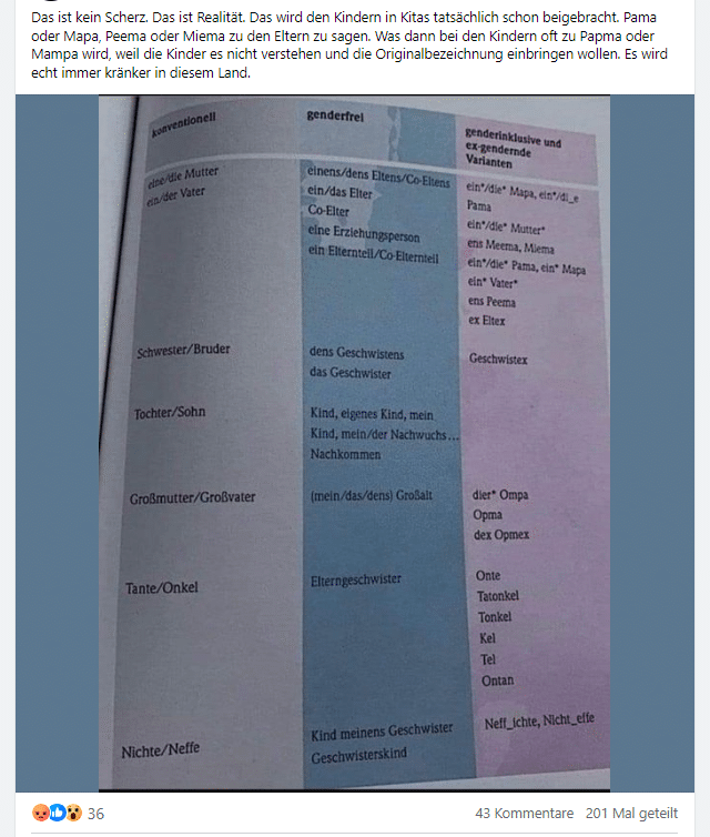 Gendergerechte Sprache in Kitas: Fakten statt Mythen – mimikama.org Screenshot der Behauptung in den Sozialen Medien