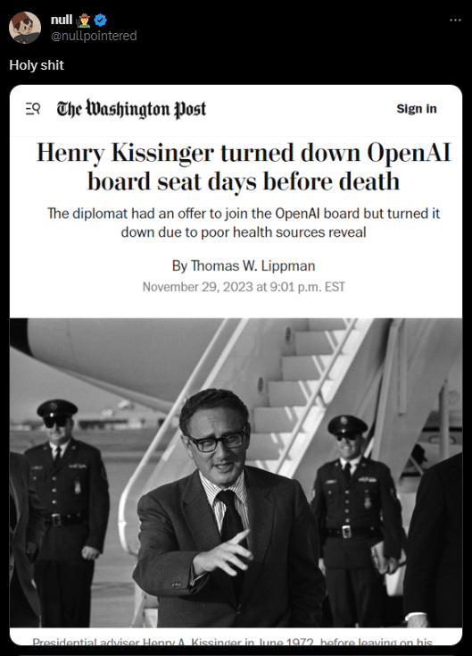 Faktencheck: Hat Henry Kissinger das Angebot für einen Sitz im OpenAI-Vorstand abgelehnt, kurz bevor er starb? – mimikama.org Faktencheck: Hat Henry Kissinger das Angebot für einen Sitz im OpenAI-Vorstand abgelehnt, kurz bevor er starb?