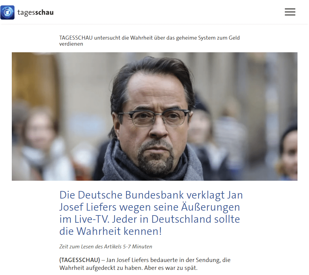 Jan Josef Liefers: Ziel digitaler Falschmeldungen – mimikama.org Ein aktuelles Beispiel ist die missbräuchliche Verwendung des Logos der „Tagesschau“ in Anzeigen, die fälschlicherweise behaupten, Jan Josef Liefers sei wegen finanzieller Äußerungen verklagt worde