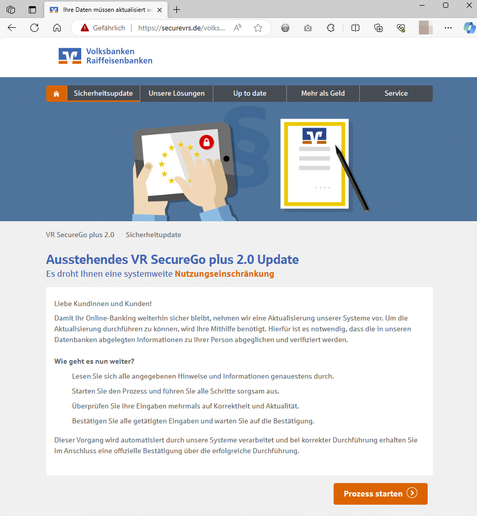 Screenshot der gefälschten Volksbank-Webseite