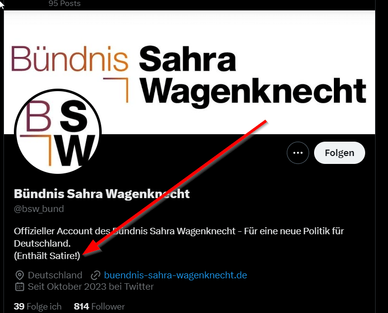 Faktencheck: Falsche Accounts und Satire um Sahra Wagenknecht -Screenshot der Satire-Seite aus den sozialen Medien
