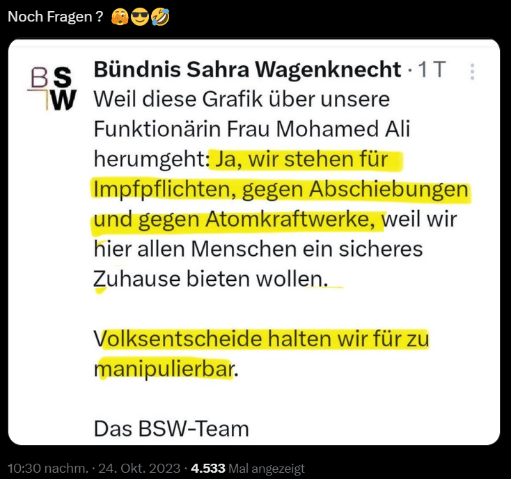 Faktencheck: Falsche Accounts und Satire um Sahra Wagenknecht -Screenshot aus den sozialen Medien